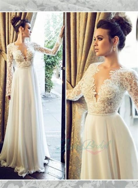 Jol222 Sexy Backless See Through Lace Top Long Sleeves Bridal Dress