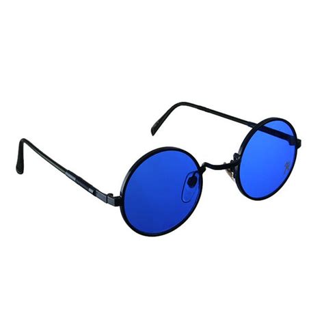 Blue Round Metal Sunglasses Cobalt Blue Lens Retro Goth