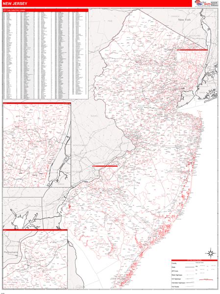 New Jersey Zip Code Wall Map Red Line Style By Marketmaps Mapsales