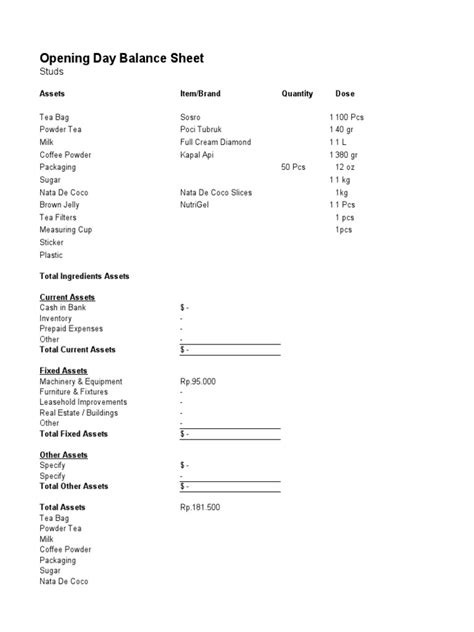 Opening Day Balance Sheet | PDF | Balance Sheet | Financial Services