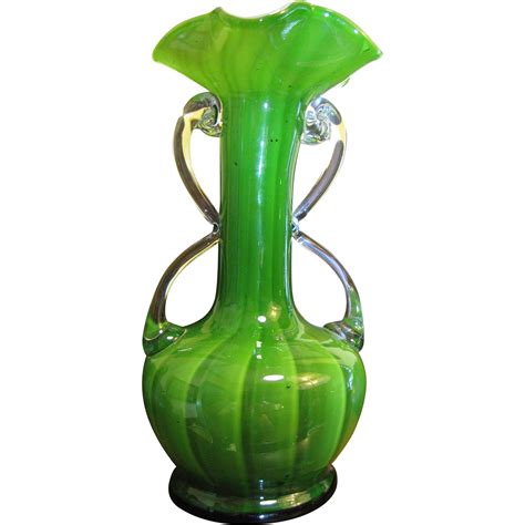 Hand Blown 9 Art Glass Vase Green Cased Over White Drawn Handles