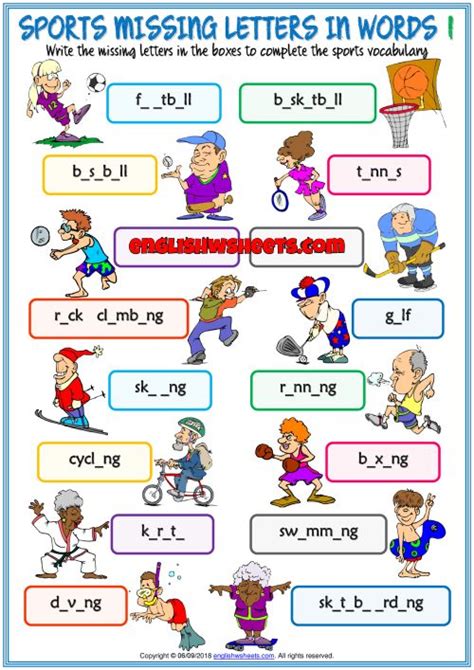 sports vocabulary esl missing letters  words exercises handouts  kids physical education