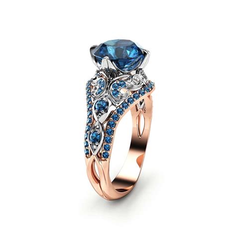 blue diamond engagement ring vintage engagement ring unique   tone gold ring camellia