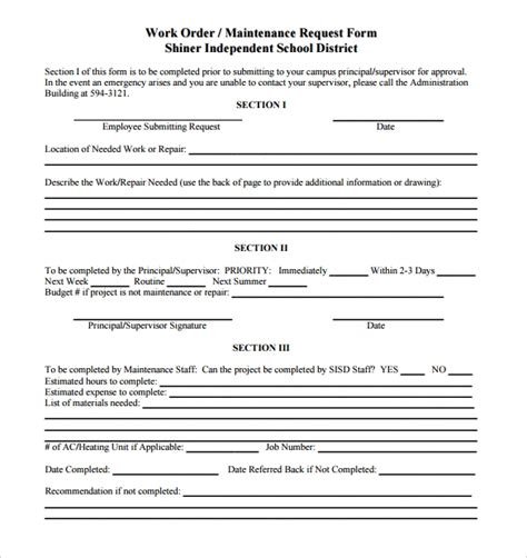 sample maintenance work order form   documents