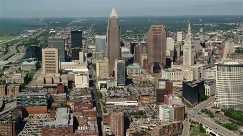 stock footage aerial video  downtown cleveland skyscrapers  high rises ohio aerial