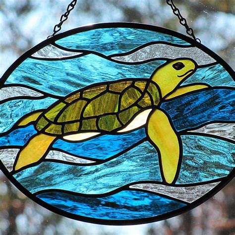 stained glass sea turtle oval suncatcher panel