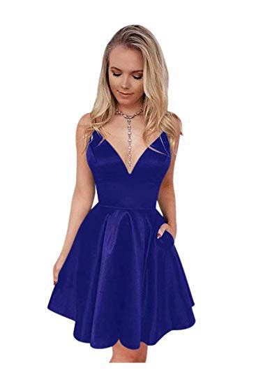 navy blue spaghetti straps v neck homecoming dresses with pockets v