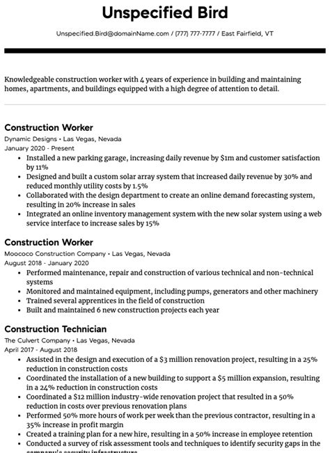 construction resume samples  experience levels resumecom