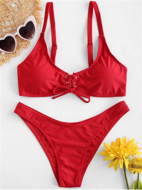 [65 Off] 2021 Zaful Lace Up Bikini Set In Lava Red Zaful