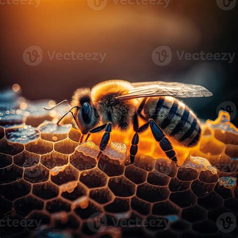 een honing bij werken  een bijenkorf aan honingraten detailopname selectief focus