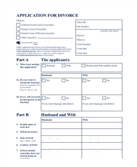 sample divorce application forms   ms word