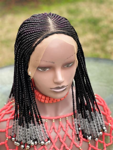braided cornrow wig with beads made on a frontal wigs for etsy