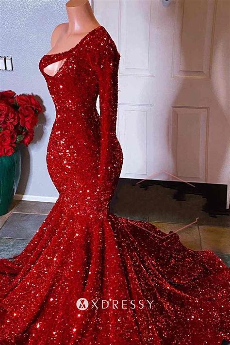 Sparkly Red Sequin One Shoulder Sleeve Prom Dress Xdressy