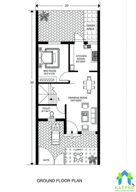 Floor Plan For 20 X 30 Feet Plot 3 Bhk 600 Square Feet