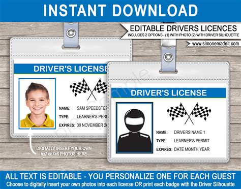 race car drivers license template  kids printable party decorations