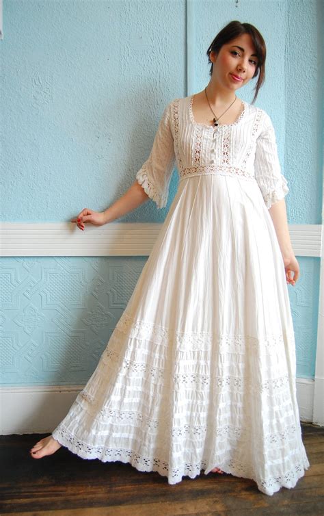 Vintage 1970s White Cotton Mexican Wedding Dress With Lots Of