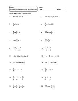 algebra solve multi step equations  fractions worksheet tpt