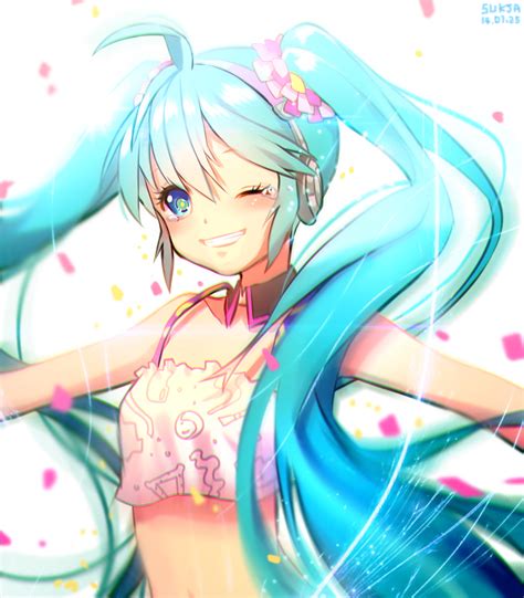 safebooru 1girl 2014 ahoge aqua eyes aqua hair artist name camisole