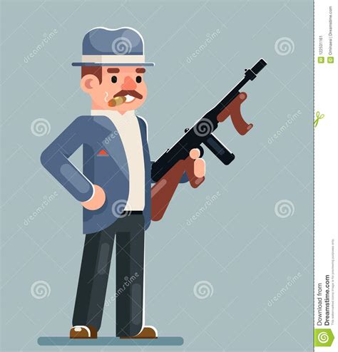 gangster criminal submachine gun thug character icon flat design vector