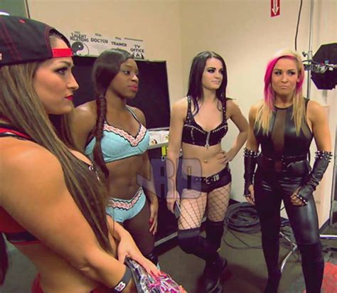 nikki bella naomi paige and natalya talking with brie bella but you don t see her in this pic