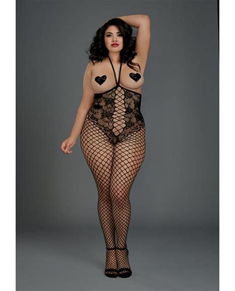 Open Cup Open Crotch Bodystocking Knitted Lace Teddy Black