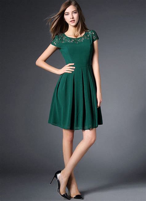 dark green lace chiffon mini fit  flare dress  cap sleeves  fall fashion dresses