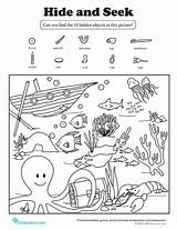 Seek Worksheets Hidden Hide Printable Ocean Preschool Kids Grade Coloring Kindergarten Printables Find Worksheet Activities Pages Objects Animals Summer First sketch template