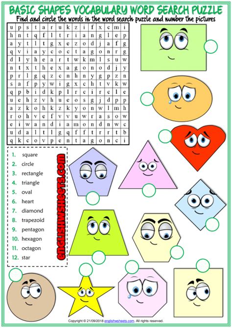 shapes esl printable word search puzzle worksheet  kids