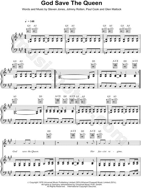 sex pistols god save the queen sheet music in a major transposable download and print sku