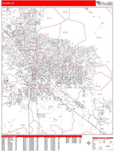 Tucson Arizona Zip Code Wall Map Red Line Style By Marketmaps Mapsales
