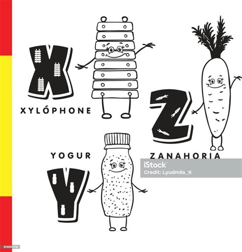 alfabet spanyol xylophone wortel yogurt huruf  karakter vektor ilustrasi stok  gambar