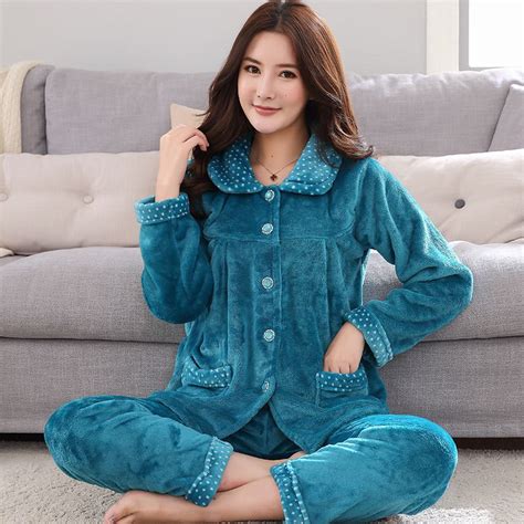 warm flannel pajamas set for women thick coral velvet long sleeve