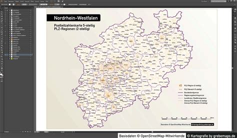 nordrhein westfalen postleitzahlenkarte  stellig plz  vektorkarte