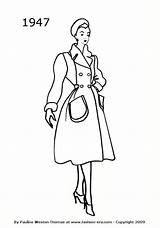 1947 1940 1940s Coloring Fashion Silhouettes 1949 History Drawings Line Outline Coats Look Costume Body Coat Colouring Woman Silhouette 1950 sketch template
