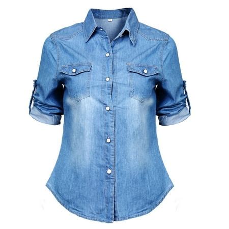 spring women blue jean blouses soft denim long sleeves shirt slim tops walmartca
