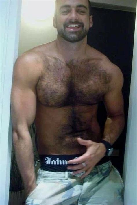 Shirtless Male Hairy Chest Beard Beefcake Smiling Muscular