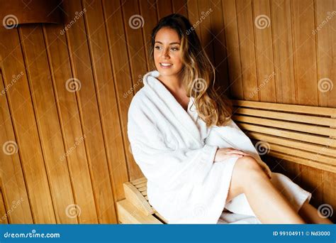 Beautiful Woman Relaxing In Finnish Sauna Stock Image Image Of Sauna