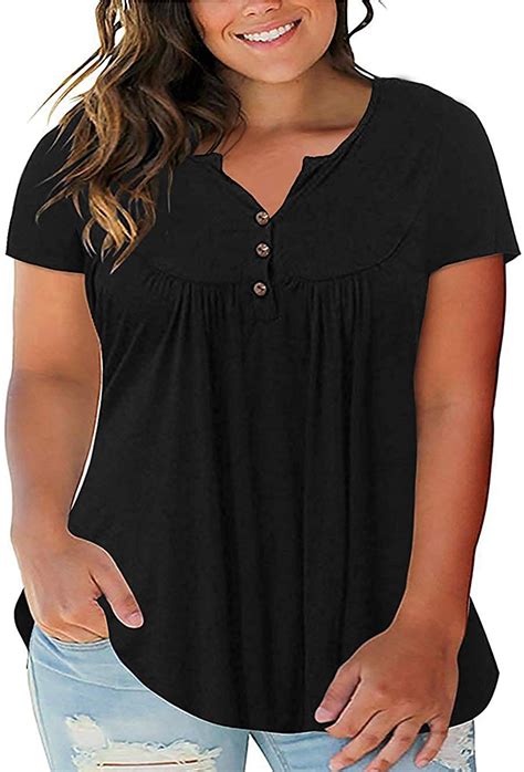 Womens Tops Plus Size Henley V Neck Shirts Summer Short Sleeve Button