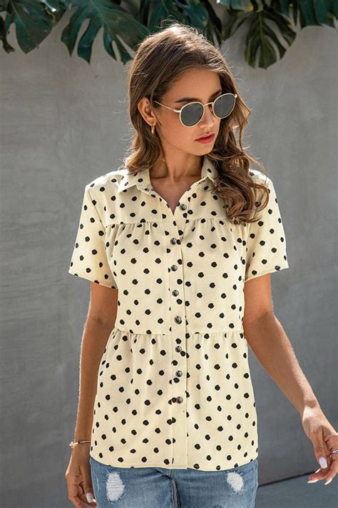 Polka Dotted Blouses With Short Sleeve And Button Down Polka Dot