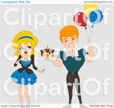 clipart pinup man holding a birthday cake and balloons royalty free vector illustration by bnp