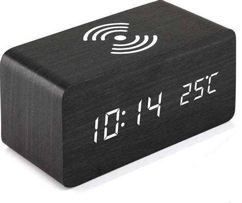 houten wekker met draadloos opladen thermometer functie alarm wekker digitaal bolcom