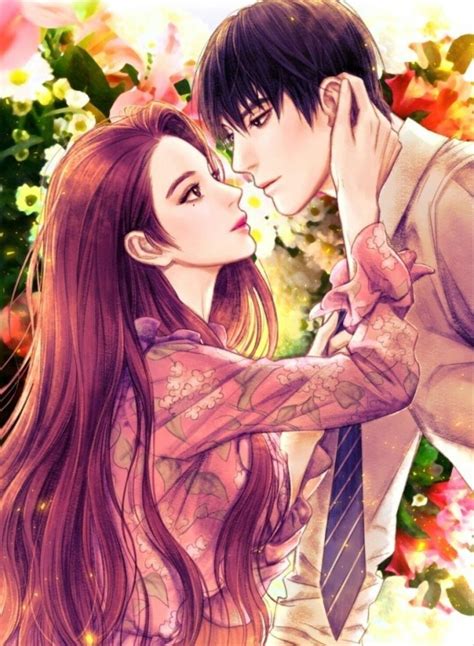 Romantic Manga Couple Kissing In Front Of Flowers