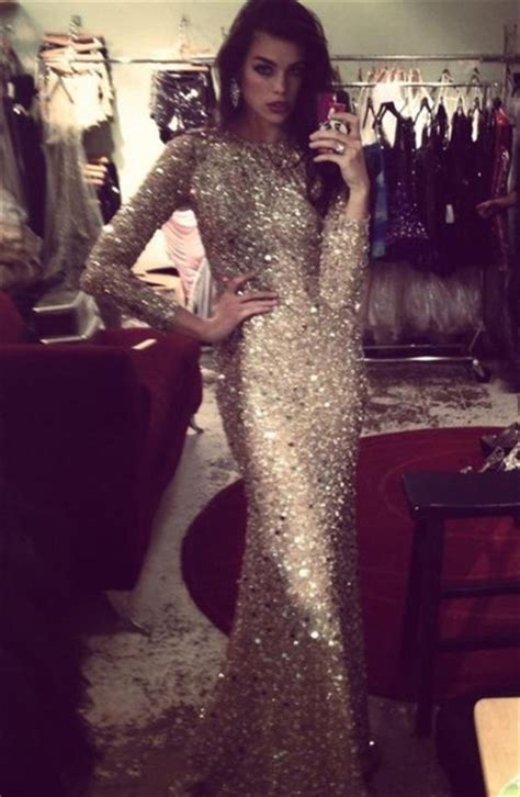 dress formal prom sparkle glitter model long long sleeves jewels gold sequins long