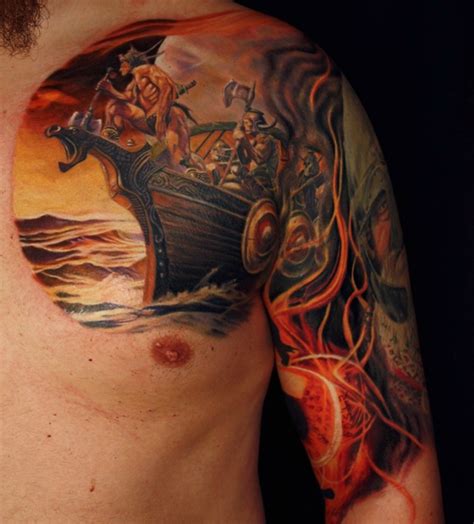 beautiful colorful vikings on boat tattoo on shoulder tattooimages