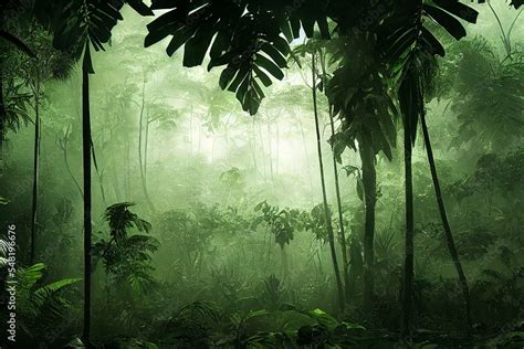 deep jungle amazonas realistic drawing  forest concept art stock