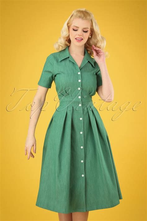 50s Janet Swing Dress In Green Denim Swing Dress Housewife Dress