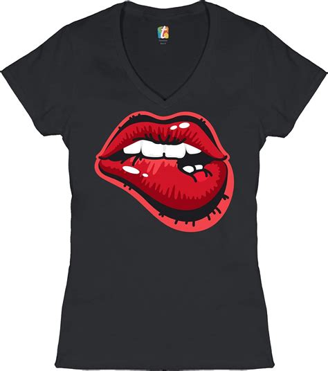 naughty biting lips women s v neck t shirt hot luscious