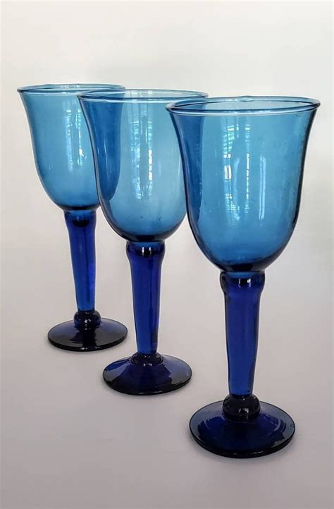 Vintage Cobalt Blue Wine Glasses Set Of Three Cobalt Blue Etsy Blue