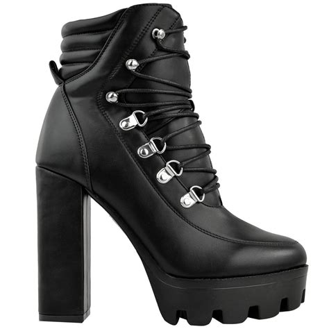 womens chunky block high heel platform ankle boots lace up black