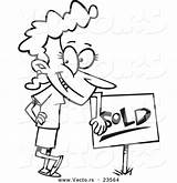 Sold Sign Leaning Cartoon Woman Outline Coloring Vector Happy Toonaday Stock sketch template